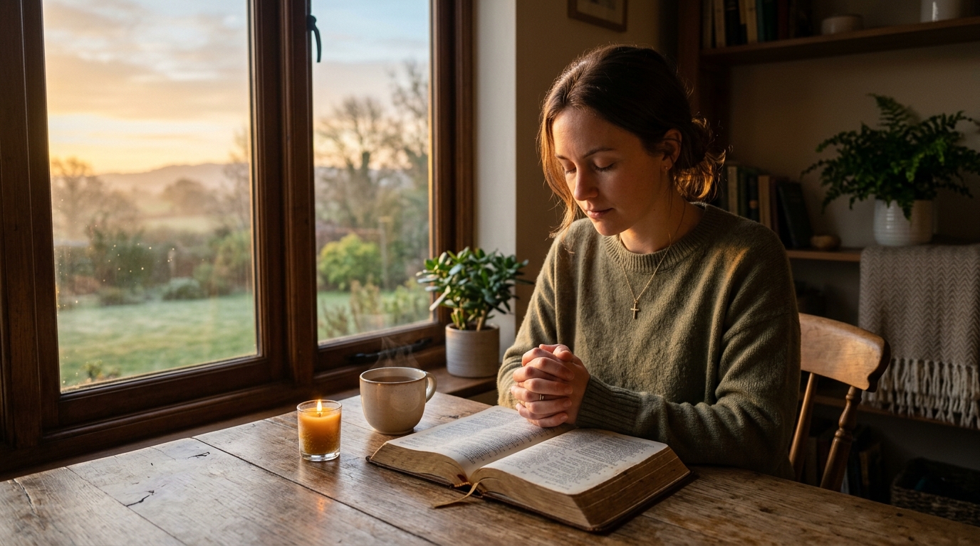 Person praying at dawn window 202605010755