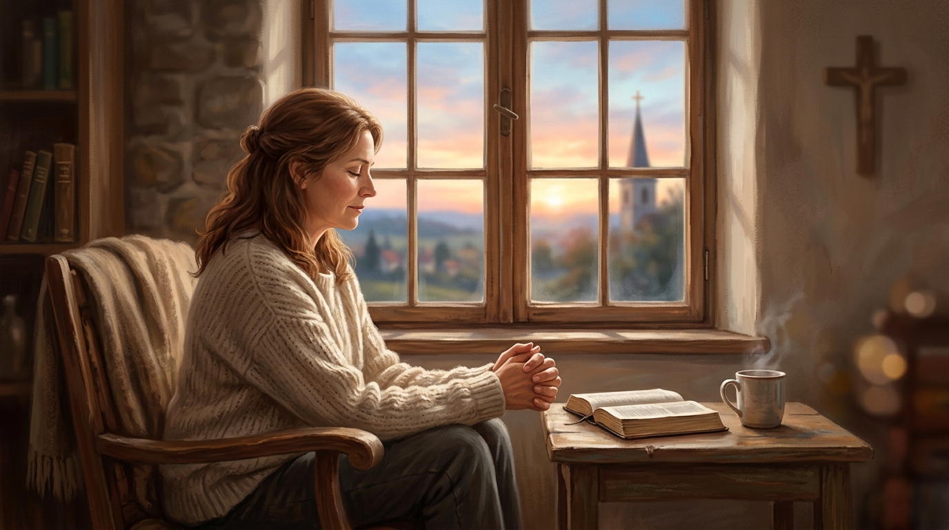 Person praying by window dawn 202605010942