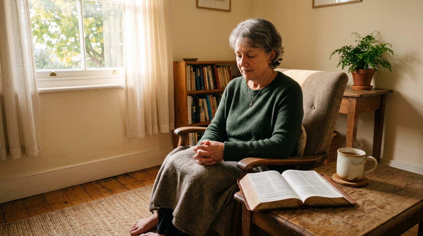 Person sitting with Bible tea 202605010947