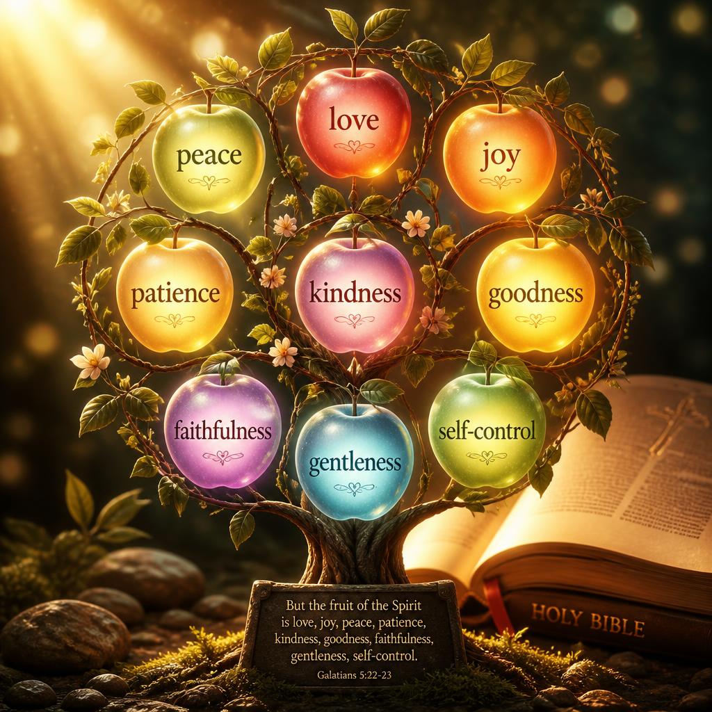 gpt image 2 A symbolic arrangement of nine glowing fruits on a tree. Each fruit labeled love 0