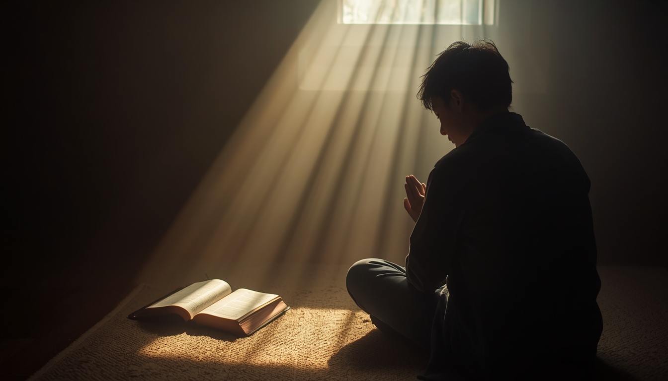 lucid origin A quiet reflective scene of a person sitting alone in prayer beside an open Bibl 0