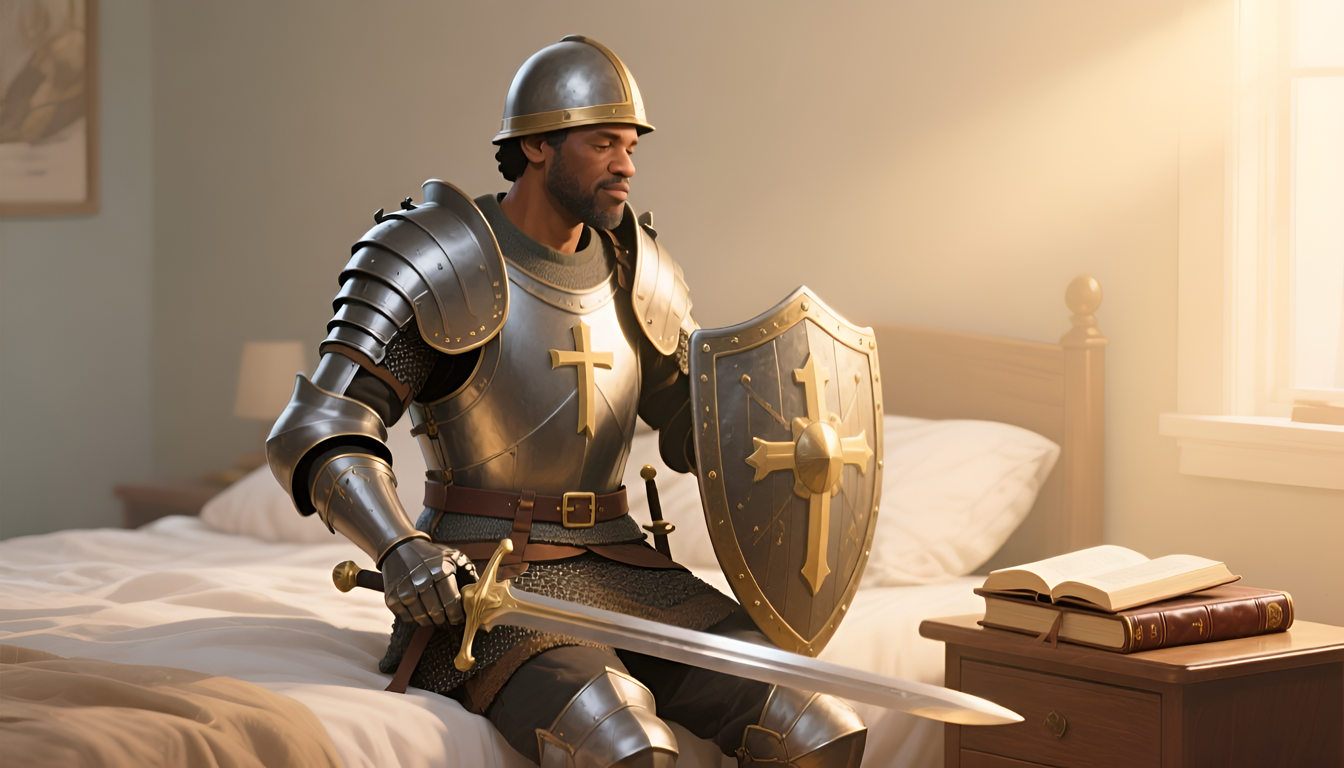 A warm, inviting illustration of a modern Christian placing spiritual armor on—a belt, breastplate, shield, helmet, shoes, and a sword