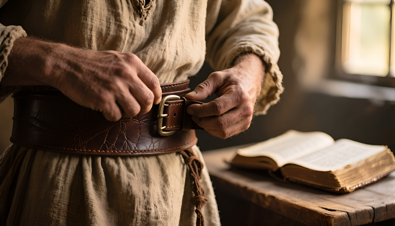 Close-up image of hands tightening a leather belt over a tunic, with an open Bible in the background