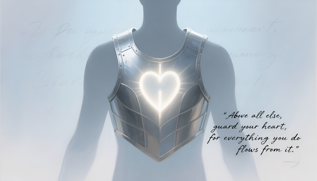 Artistic depiction of a breastplate glowing with soft light over a heart silhouette, scripted Bible verse faintly visible in the background