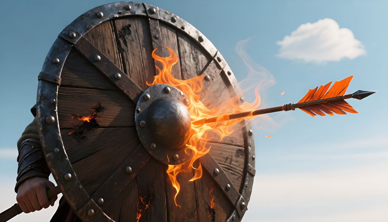 A large wooden and metal shield held up against stylized arrows of flame that dissipate on contact