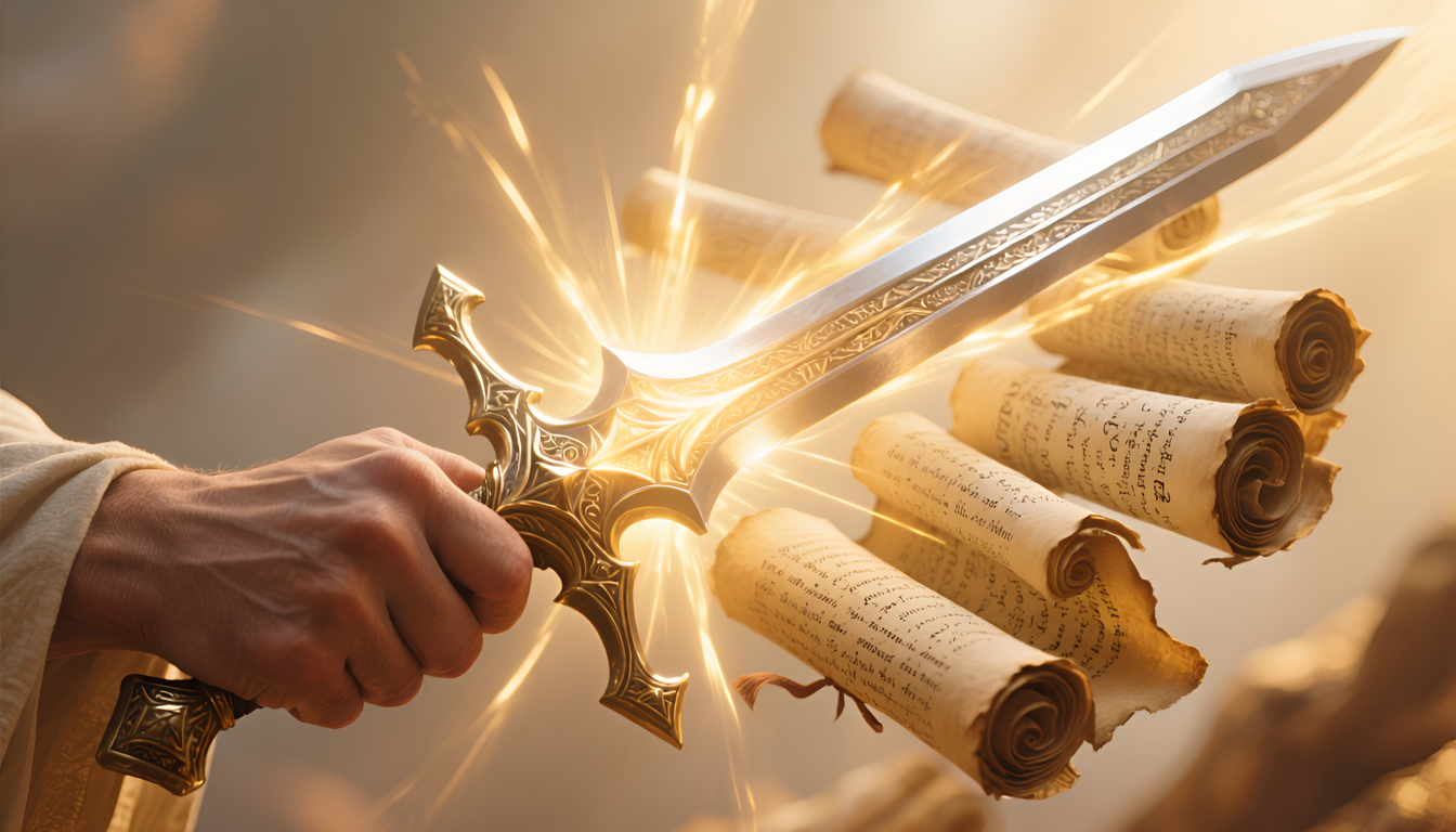 A hand holding a shining sword formed from scrolls and pages of Scripture, light rays, detailed text texture visible