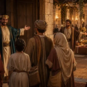 King welcoming guests to the wedding banquet in Jesus’ parable