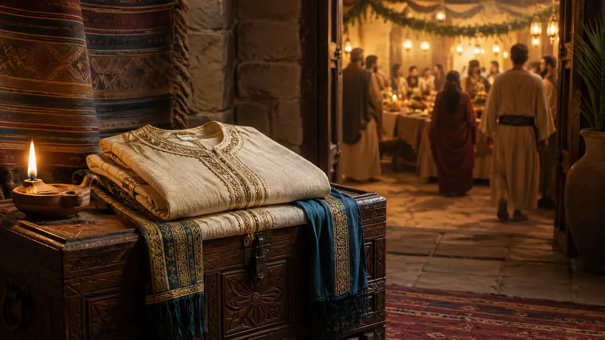 Wedding garment prepared beside the entrance to the banquet