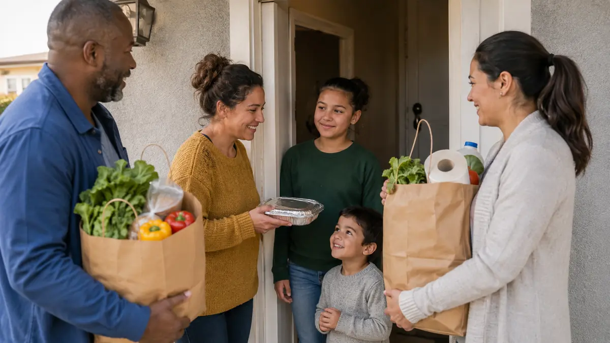 Church community delivering groceries and a prepared meal to a family