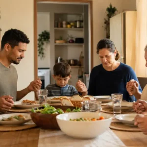 Multigenerational family praying before a simple meal