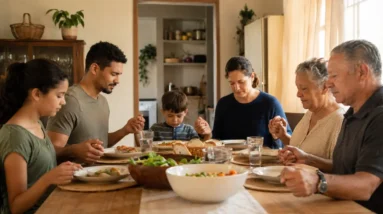 Multigenerational family praying before a simple meal