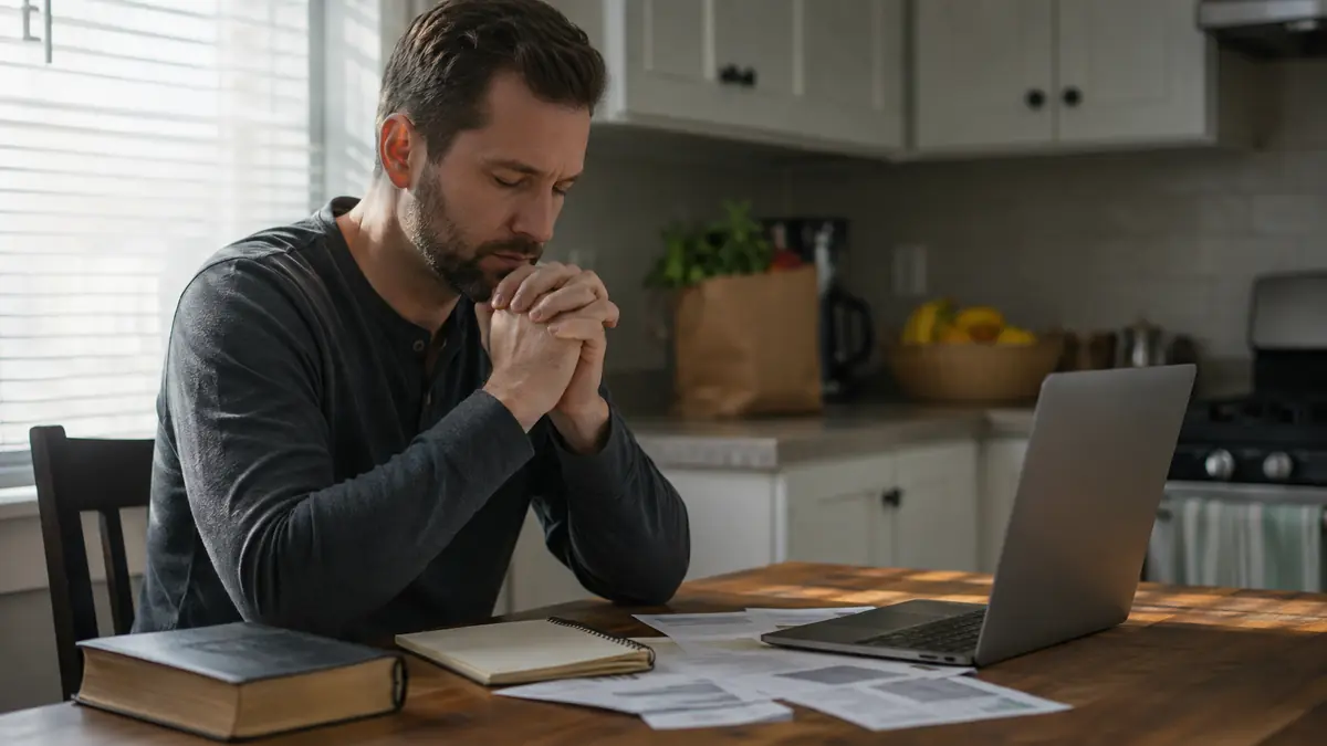Man praying beside a Bible, notebook, household papers, and laptop