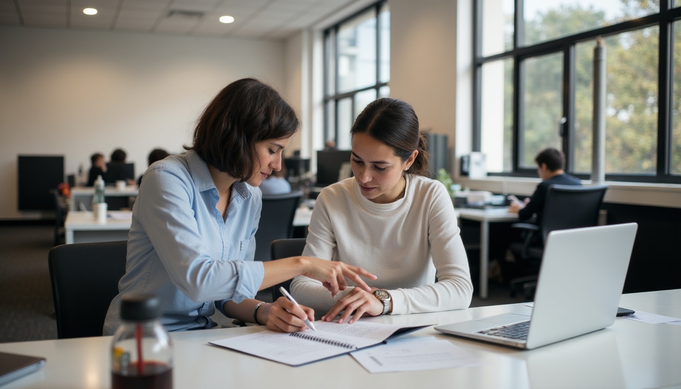 Two coworkers demonstrating kindness and encouragement while working together in an office.