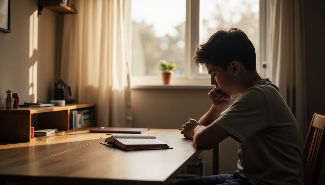 Christian teenager reading the Bible and praying for spiritual growth and self-control.