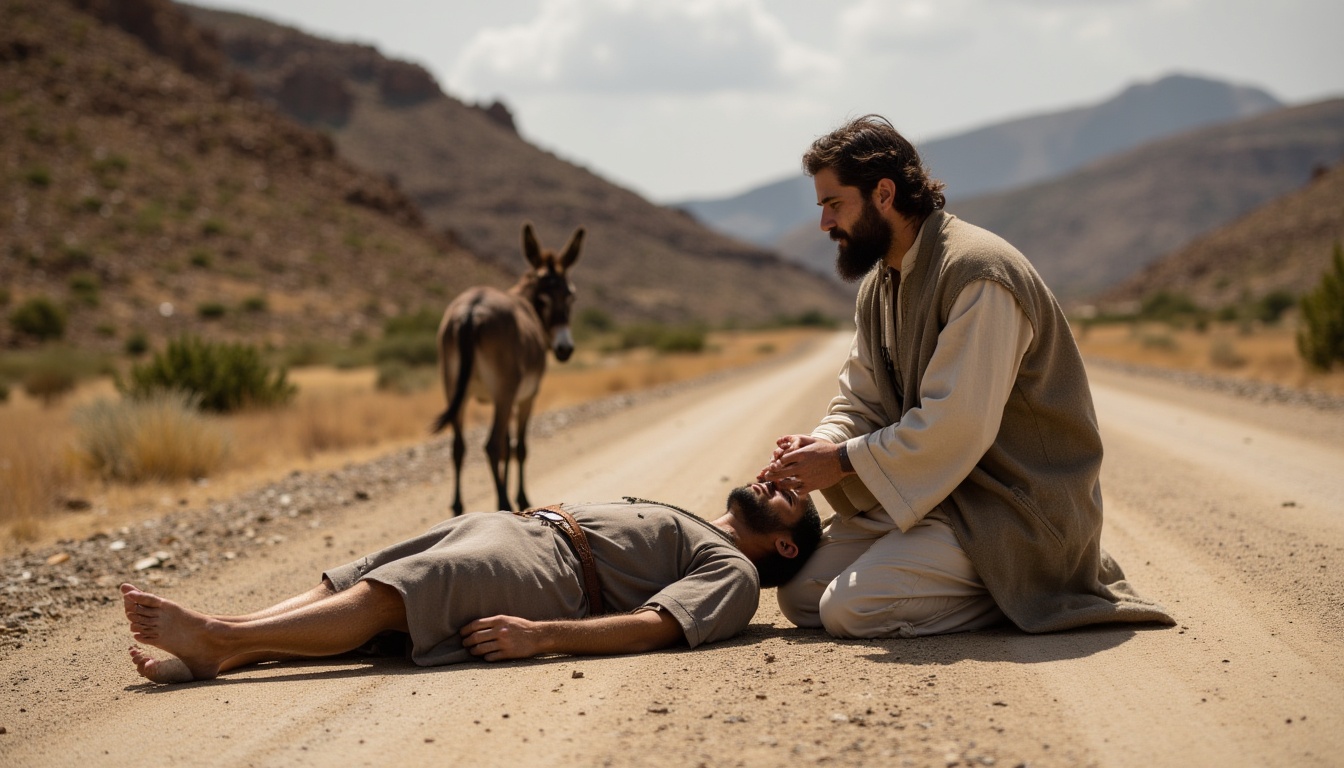 The Good Samaritan showing compassion to a wounded traveler on the road to Jericho.