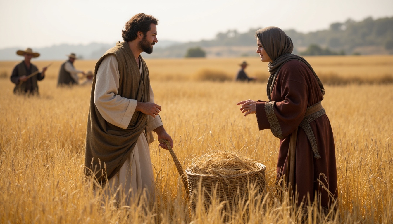 Boaz showing kindness to Ruth as she gathers grain in a field near Bethlehem.