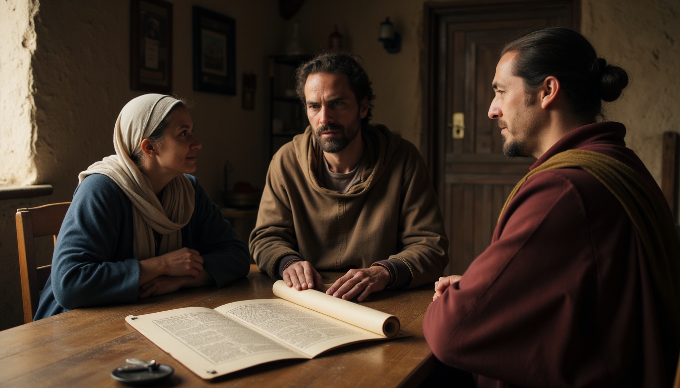 Priscilla and Aquila respectfully teaching Apollos about God's way in an early Christian home.