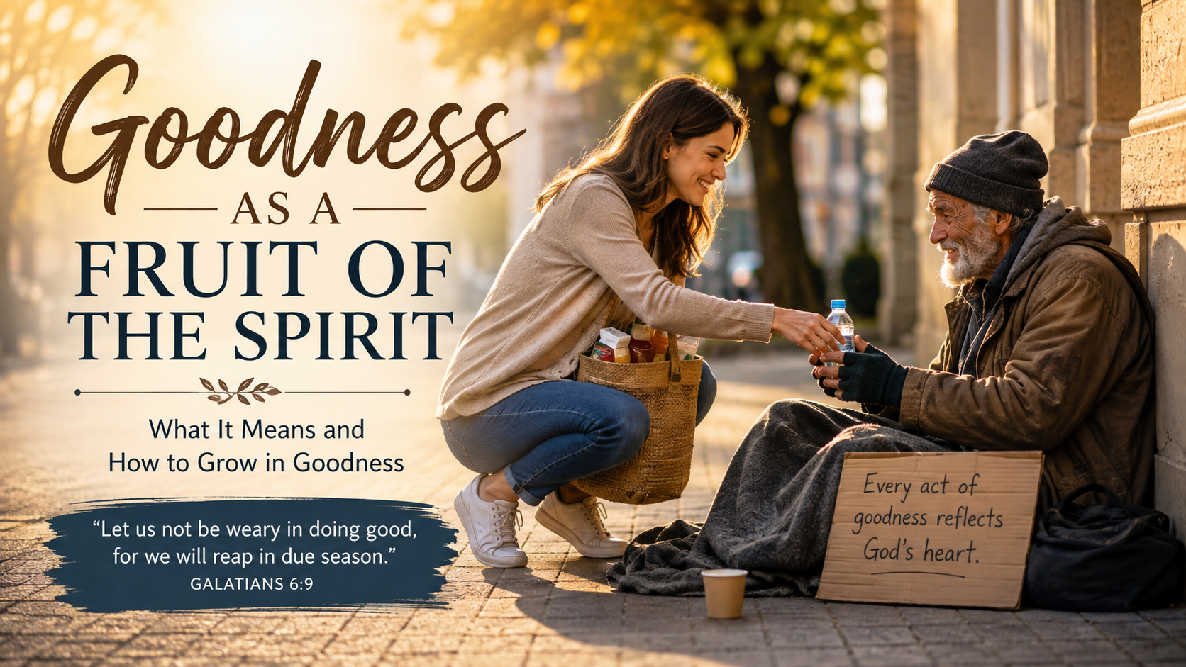 Woman showing goodness by giving food and water to a man in need