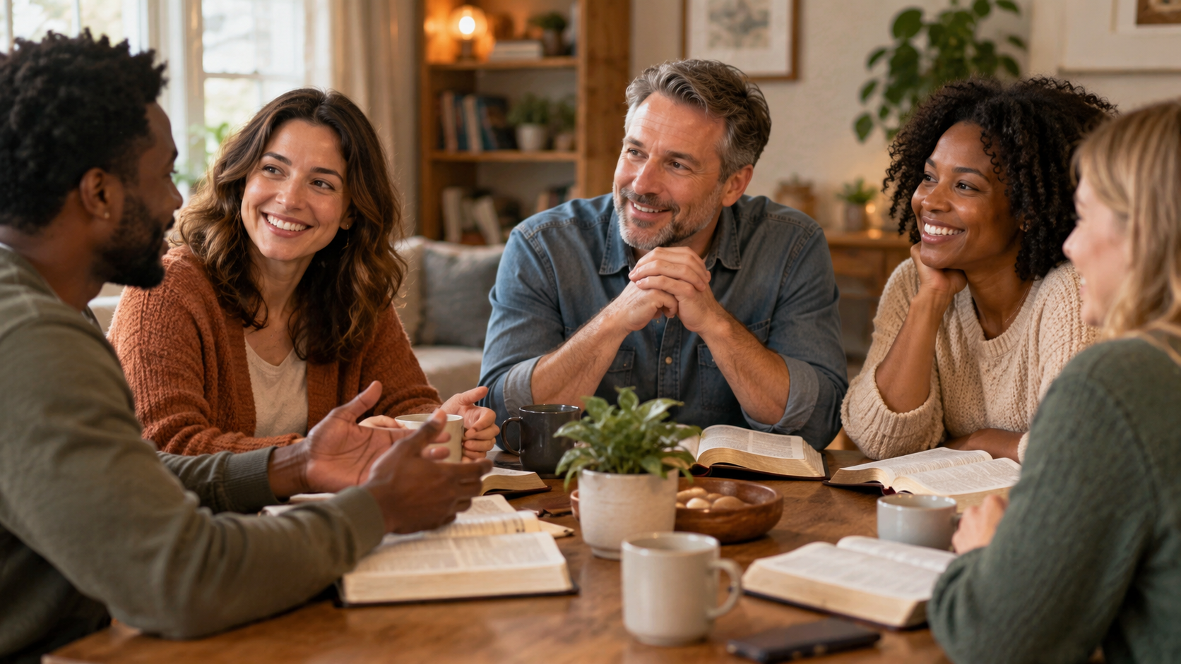 Christians in warm conversation, illustrating the fruit of the Spirit in relationships
