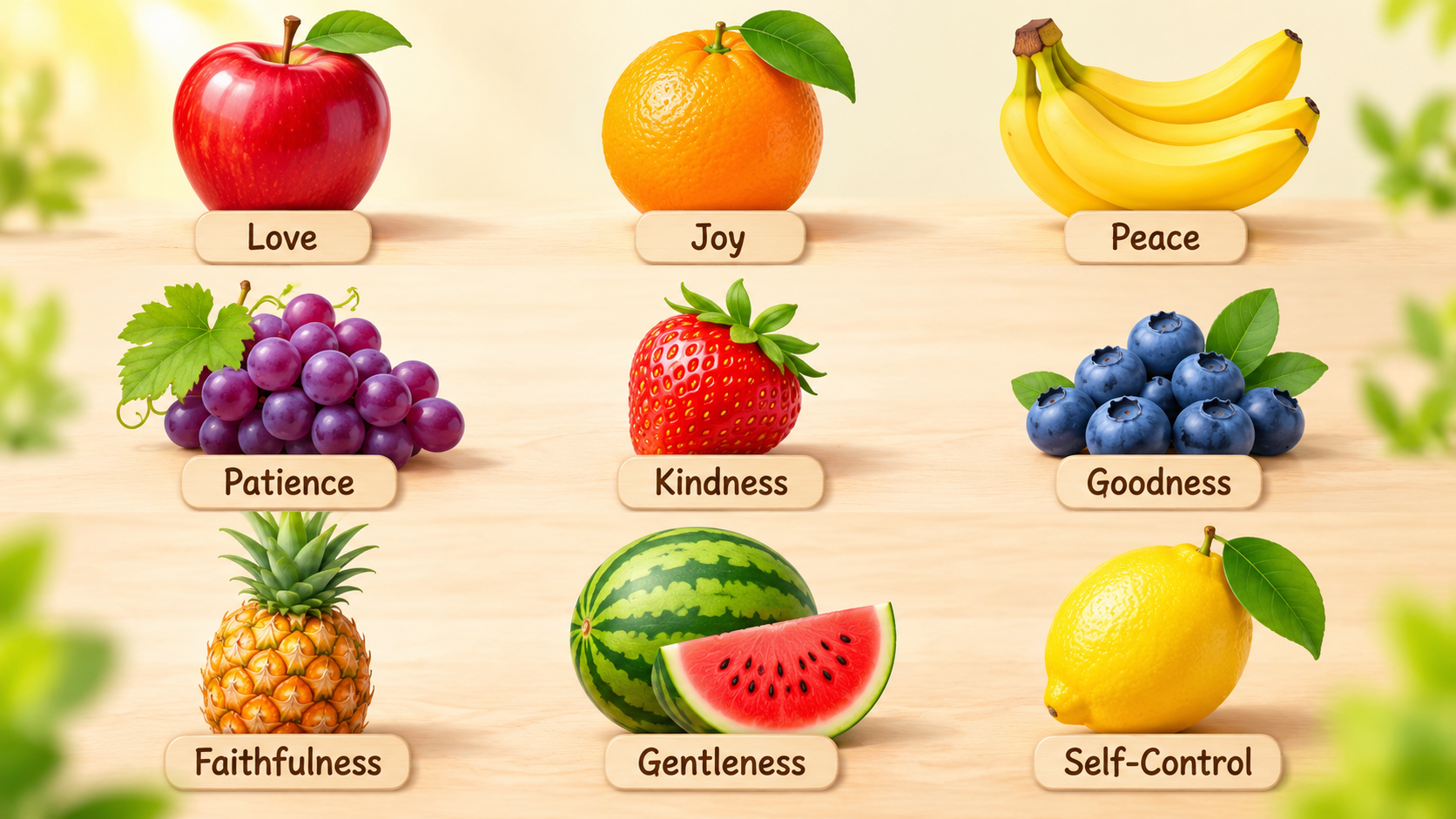 Nine fruits labeled love, joy, peace, patience, kindness, goodness, faithfulness, gentleness, and self-control for children