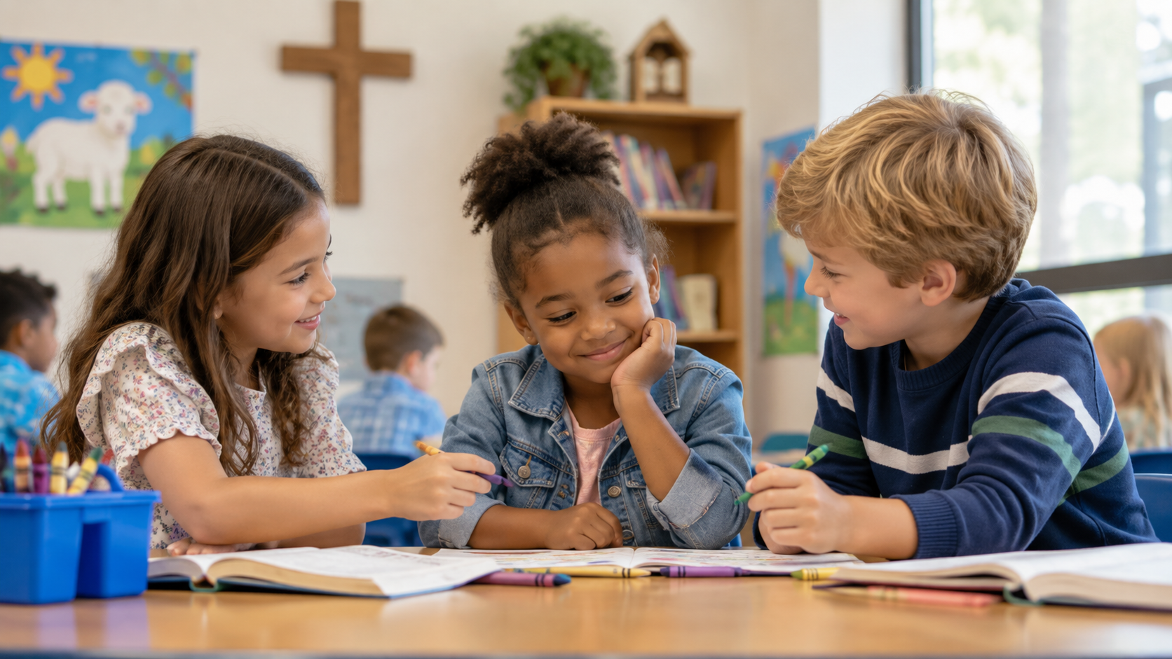 Children welcoming and helping another child, illustrating kindness as a fruit of the Spirit
