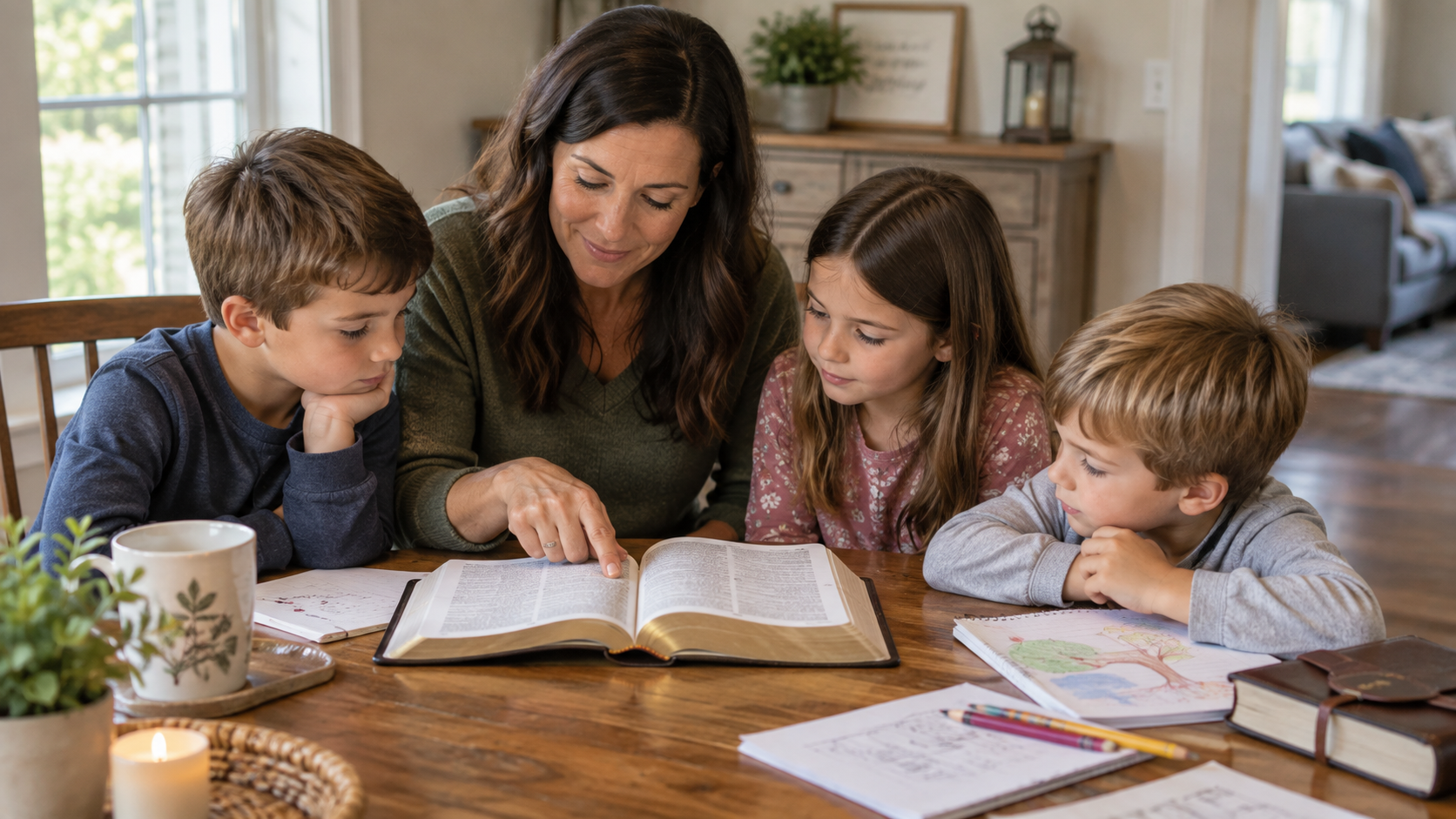 Parent and children studying the Bible together at home, learning how to practice the fruit of the Spirit