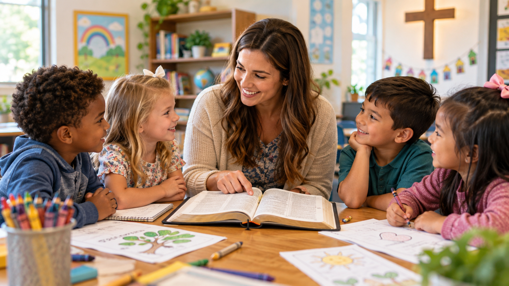 Sunday school teacher and children learning about the fruit of the Spirit together