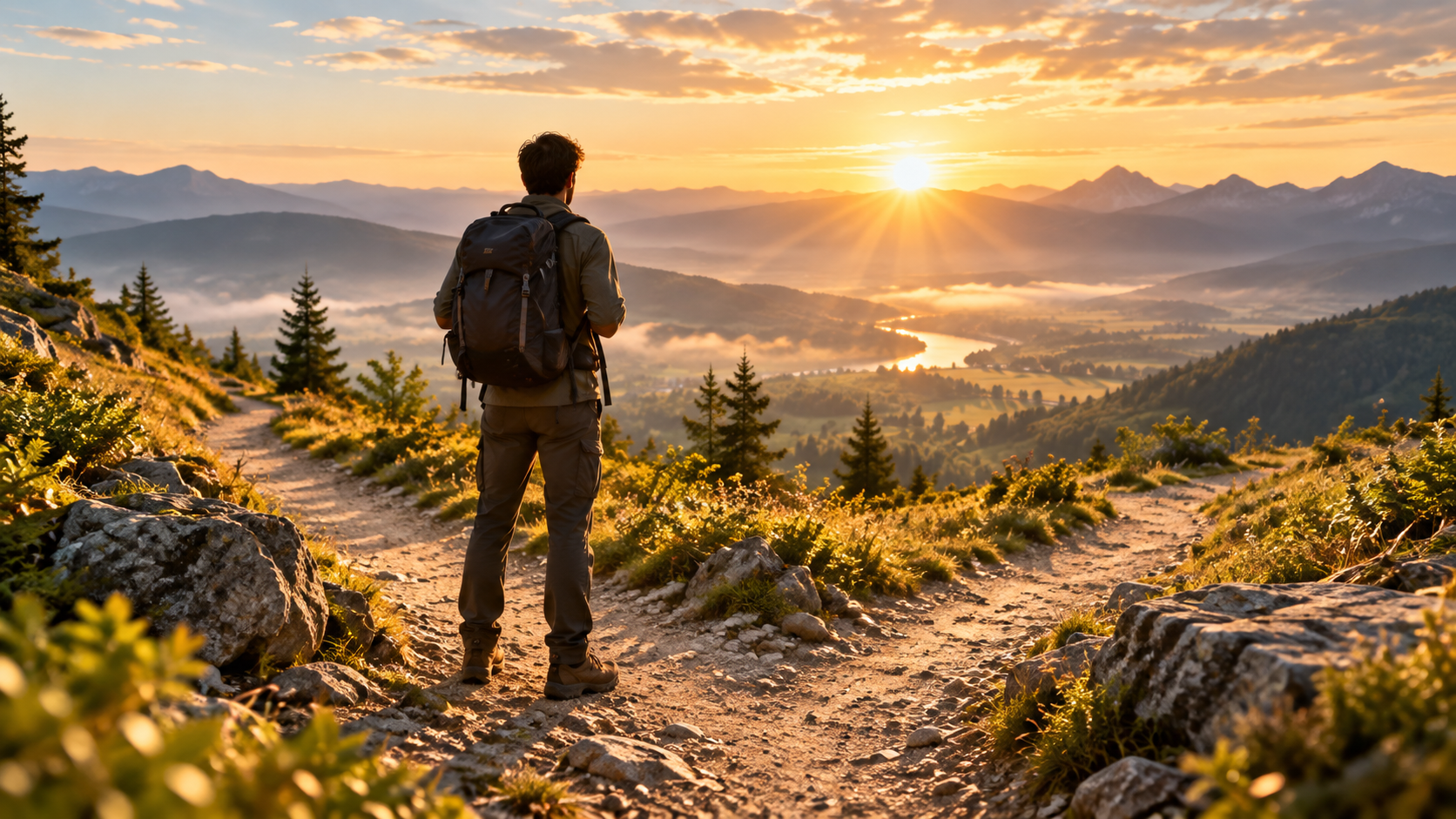 Hiker standing at a forked trail at sunrise, representing fresh direction and hope in spiritual growth