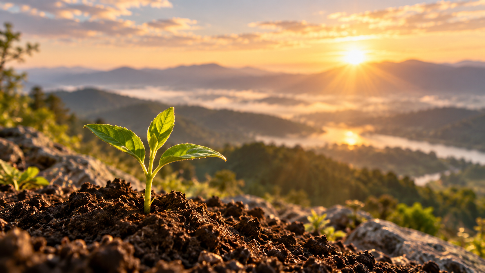 Young plant growing in soil at sunrise, symbolizing spiritual growth that takes time