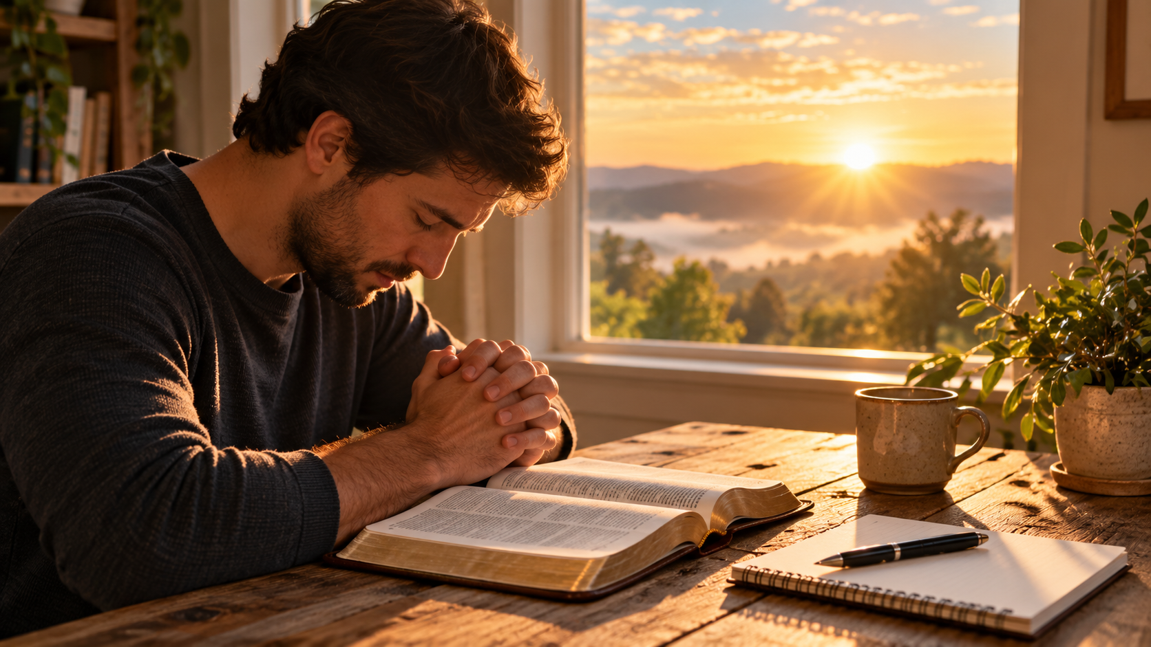 Person praying over an open Bible beside a notebook, symbolizing honest reflection and seeking God