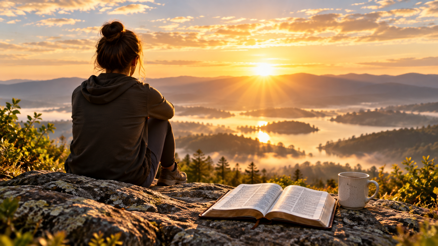 Person reflecting at sunrise with an open Bible and coffee, representing hope and spiritual growth