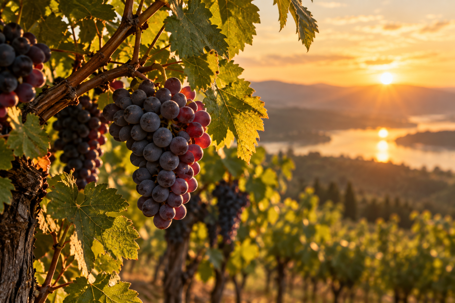 Grapes on a vine at sunset, symbolizing spiritual fruit and continued growth