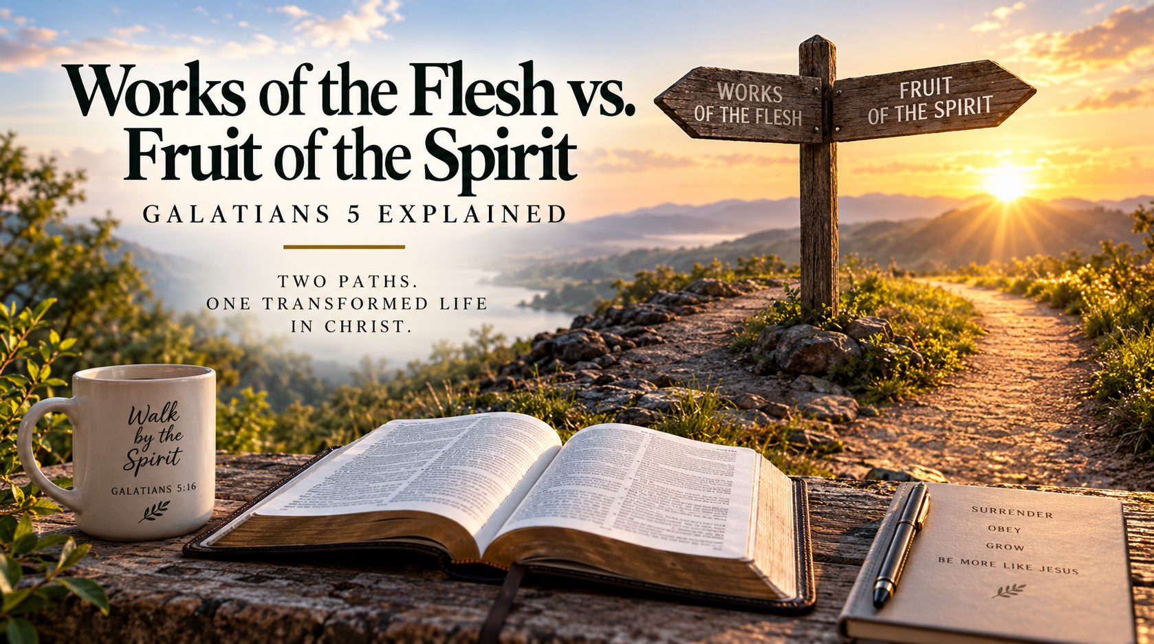 Open Bible beside two contrasting paths, symbolizing the works of the flesh and the fruit of the Spirit