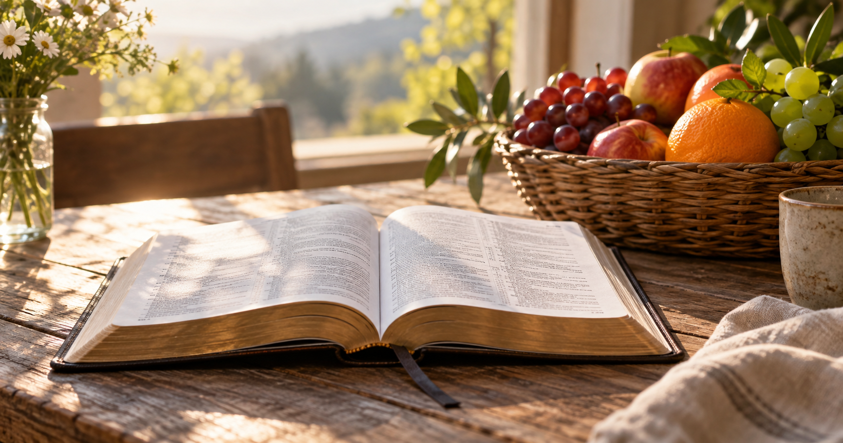 open Bible, fresh fruit, warm morning light