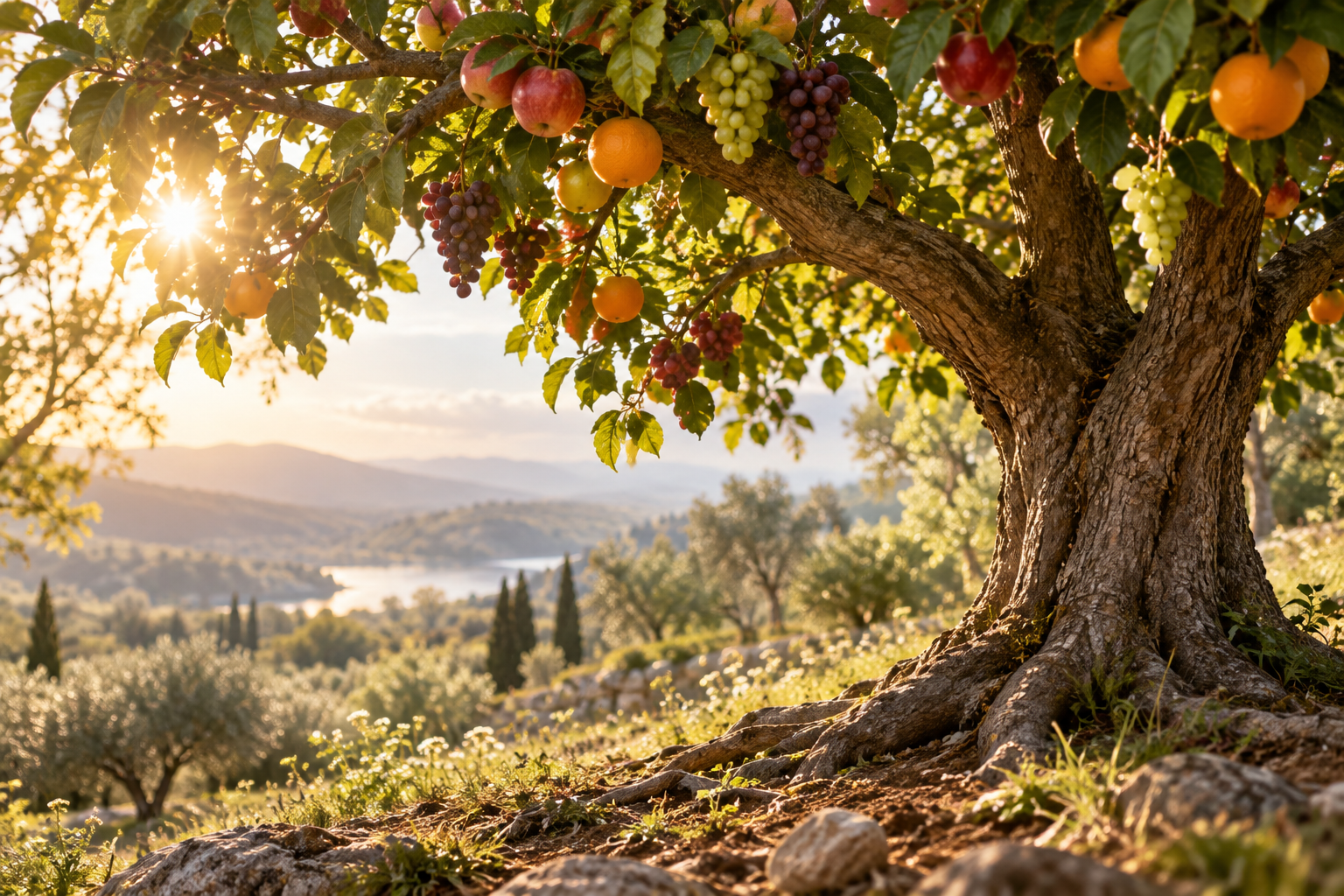 healthy fruit-bearing tree with visible roots/light