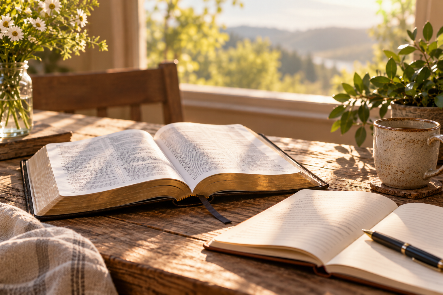 open Bible, notebook, pen, quiet Bible-study setting