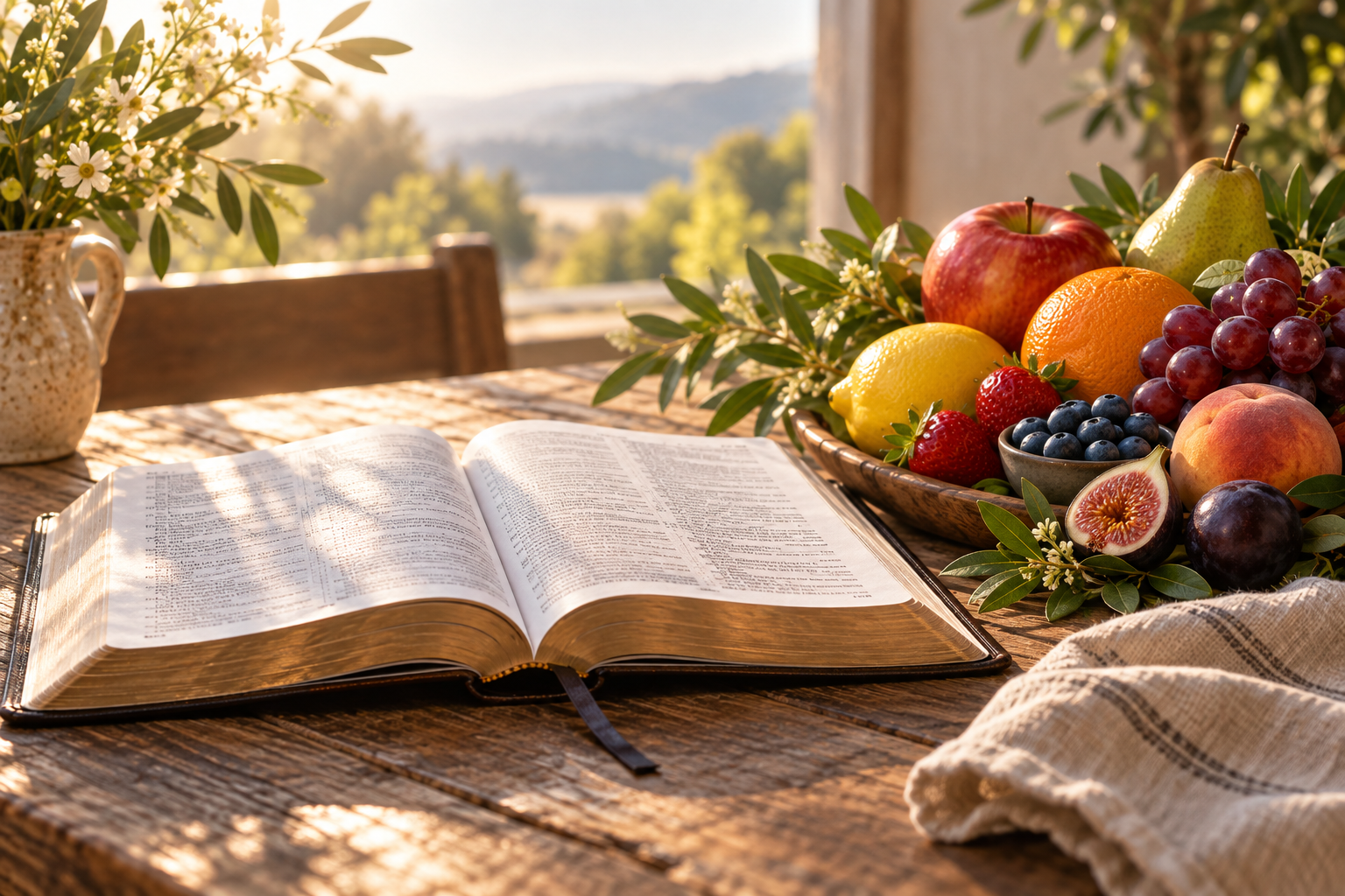 Open Bible with fresh fruit illustrating the fruit of the Spirit in everyday Christian