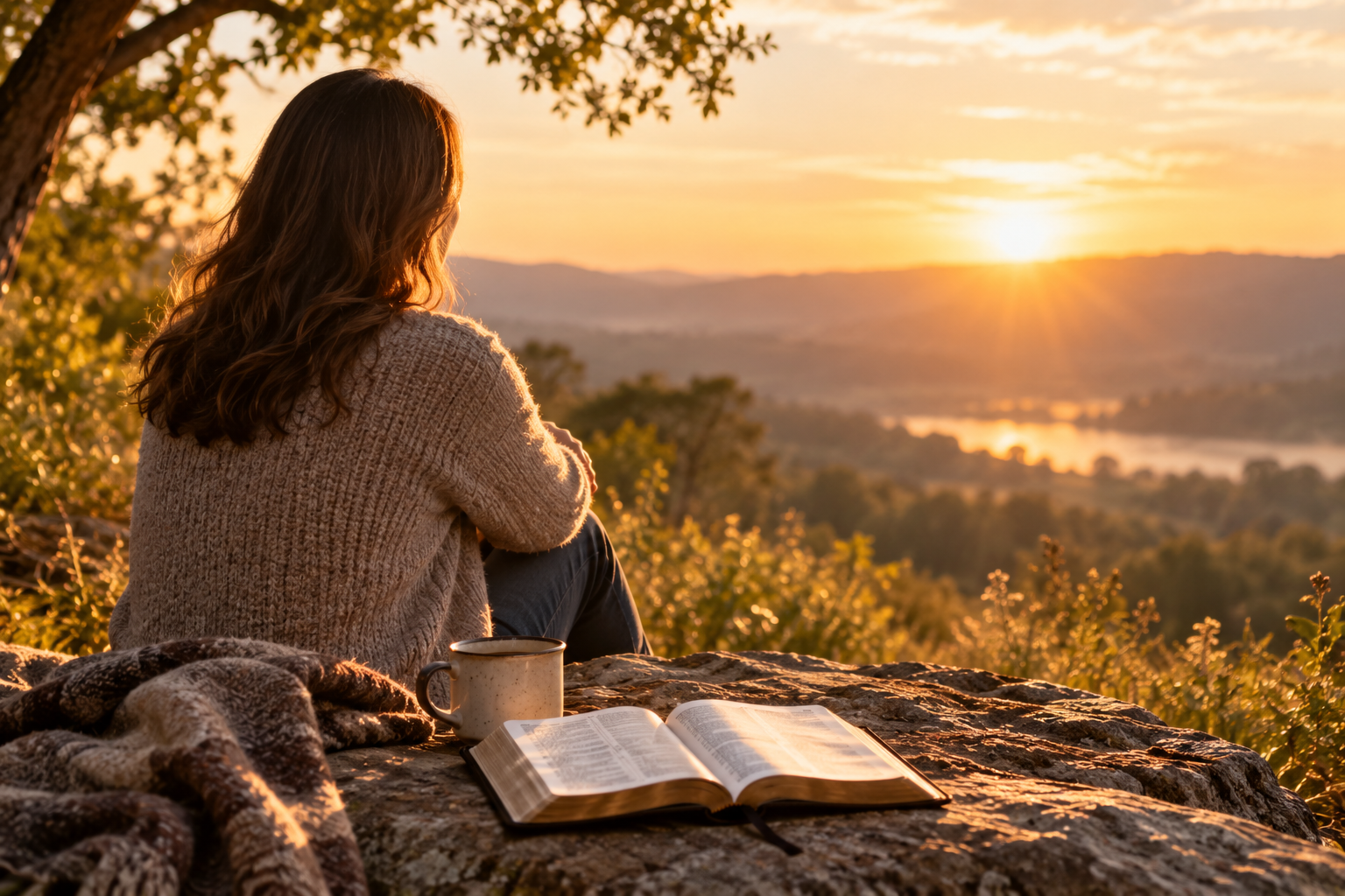 Christian reflecting with an open Bible during a quiet time with God