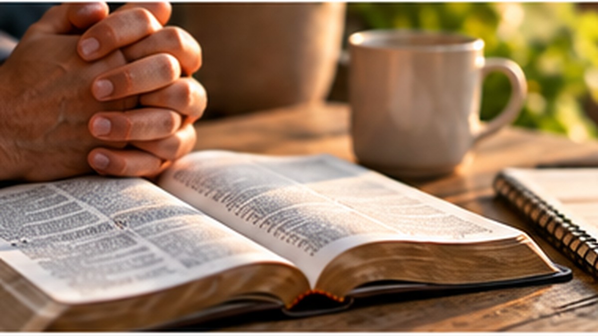 Christian praying over an open Bible during personal spiritual self-examination