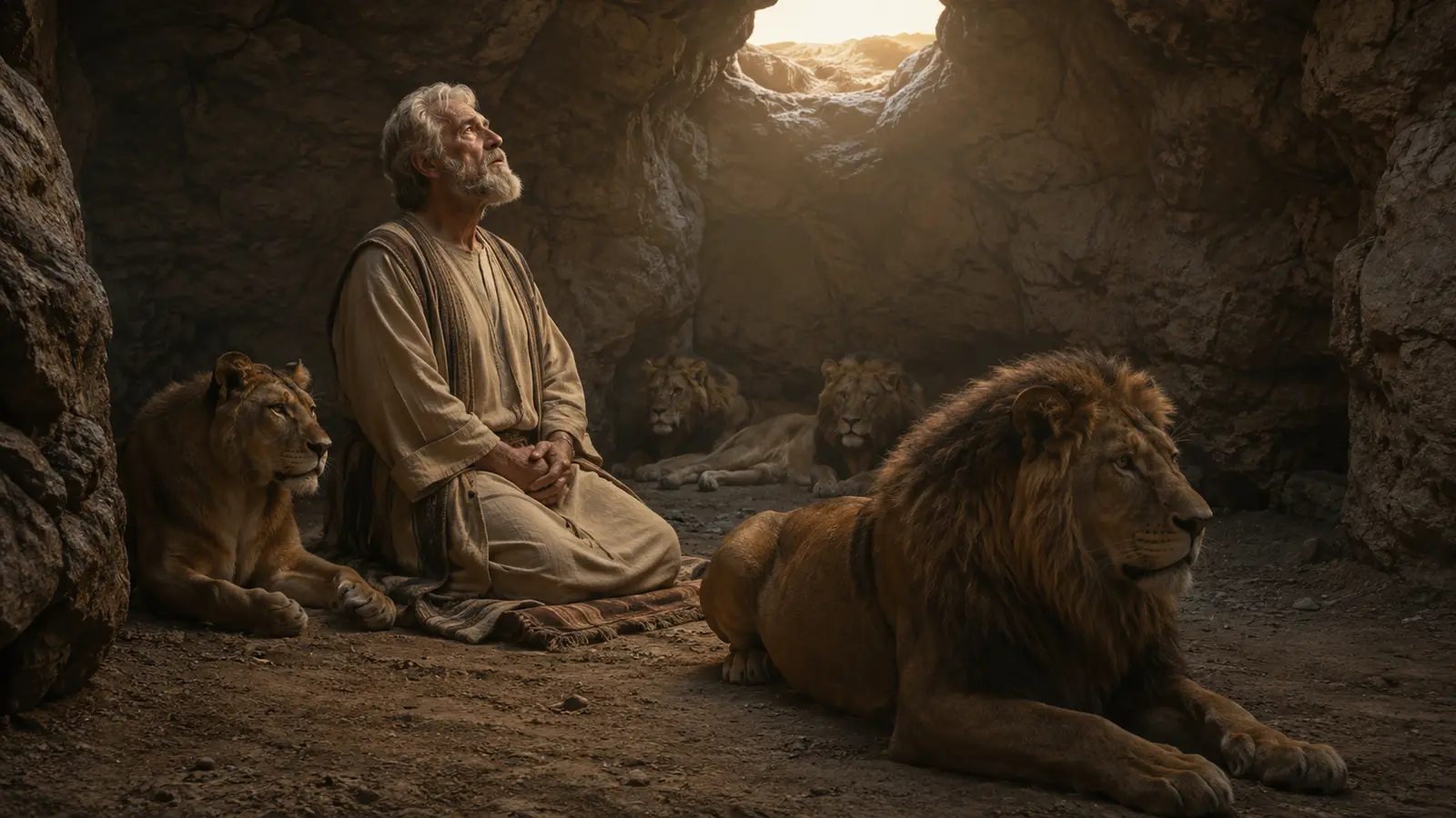 Daniel trusting God while surrounded by lions in the den