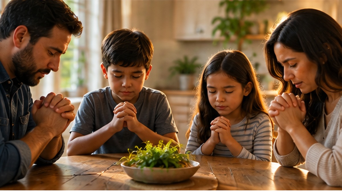 Family praying together at home, illustrating Spirit-shaped character in family relationships