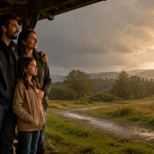 A family sheltered during a storm as sunlight breaks through