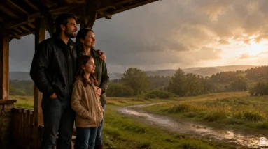 A family sheltered during a storm as sunlight breaks through