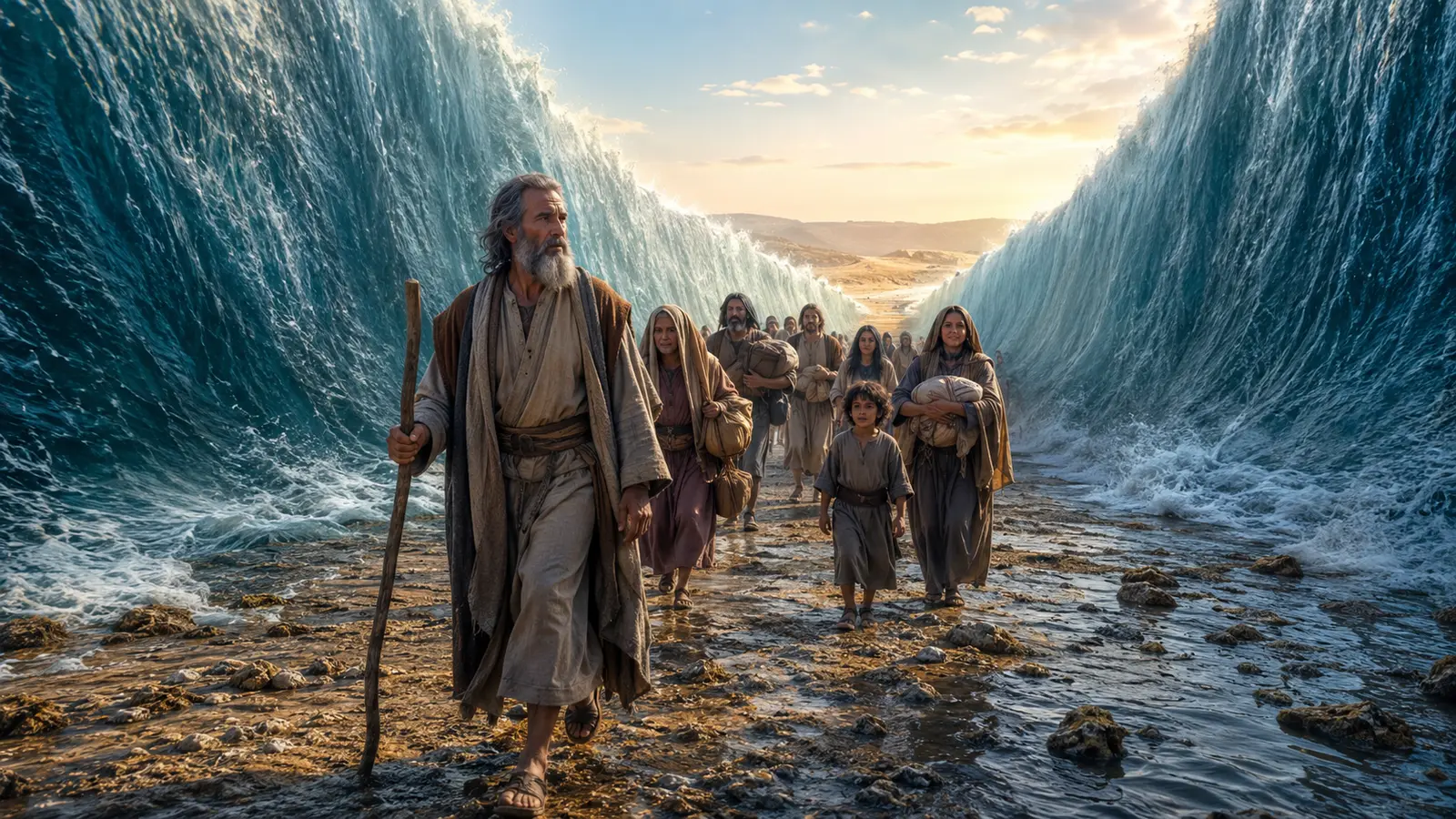 Moses leading Israel safely through the parted Red Sea