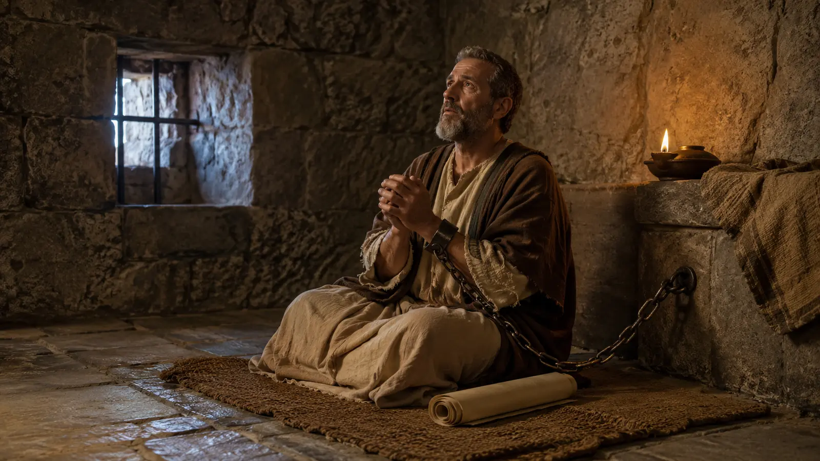 The apostle Paul praying faithfully while imprisoned