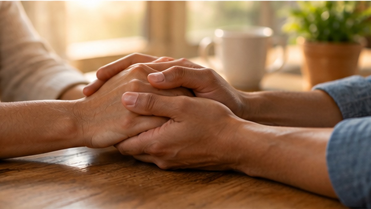 Two people holding hands during a compassionate conversation, symbolizing kindness, gentleness, and reconciliation