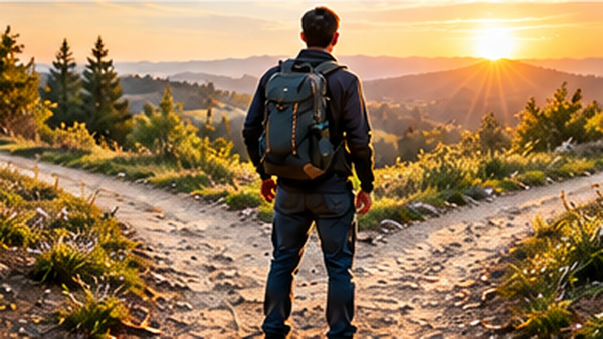 Person standing at a forked trail at sunrise, symbolizing the choice to turn from the flesh and walk by the Spirit