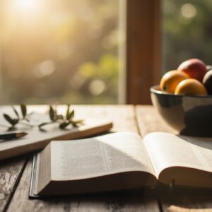 Nine-day Fruit of the Spirit devotional with an open Bible, journal, and peaceful morning setting.