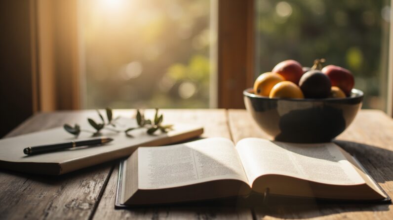 Nine-day Fruit of the Spirit devotional with an open Bible, journal, and peaceful morning setting.