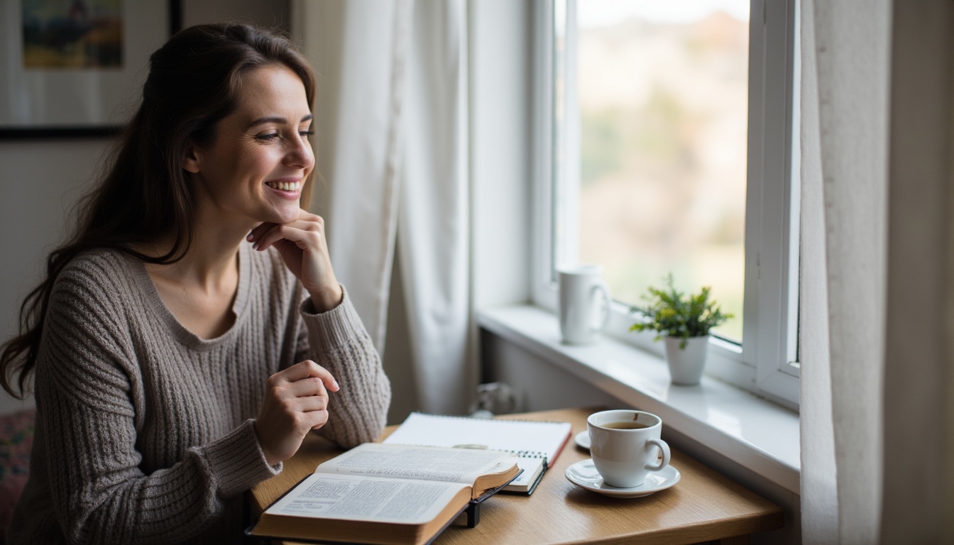 Christian woman reflecting on gratitude and biblical joy during her morning devotional time.